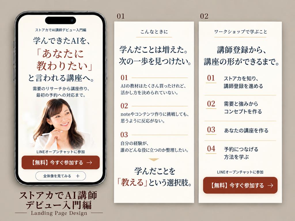 ストアカでAI講師デビュー入門編のLPモックアップ全体